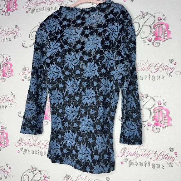 Garage top long sleeve lace blue mesh floral flowers v neck ruffle trim cute - Picture 4 of 9
